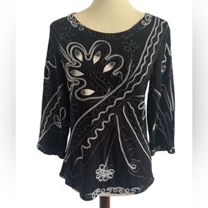 Once Again Black Silver Embroidered Glam 3/4 Sleeve Blouse Size Medium